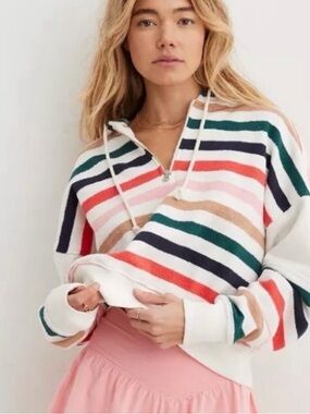 ⚡️Aerie Striped Half-Zip Hoodie - White with Multicolor Stripes
